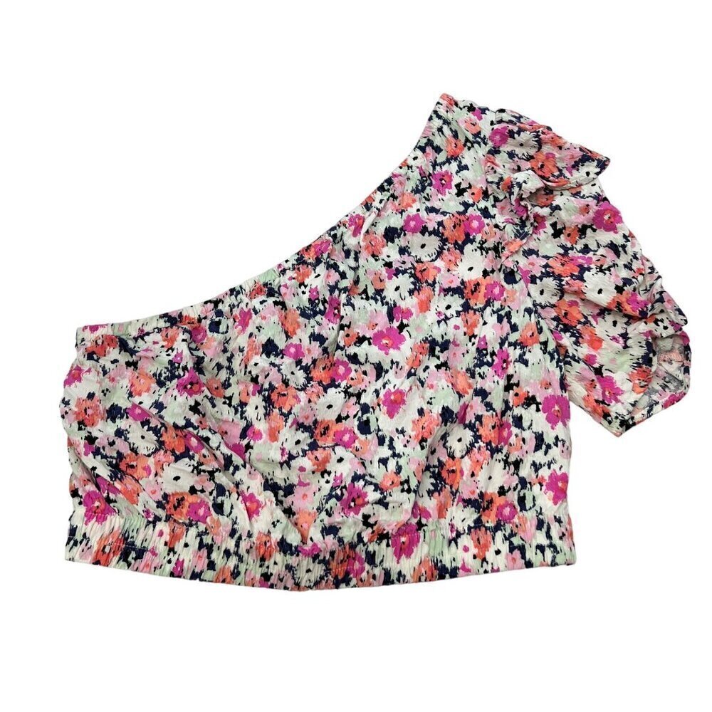 Universal Thread Womens One Ruffle Shoulder Short Sleeve Cropped Top Floral M